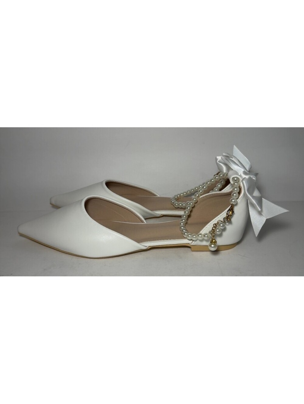 White Pointed Toe Flats Pearl Ankle Strap Satin Bow Bridal Shoes Size EU 41